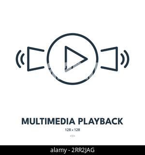 Icona riproduzione multimediale. Video, pulsante, altoparlanti. Tratto modificabile. Icona vettore semplice Illustrazione Vettoriale