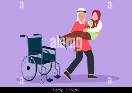 Cartoon Flat style Drawing amorevole Arabian Son prese la sua vecchia madre disabile dalla sedia a rotelle portandola tra le sue braccia. Felice signora anziana in abbracci da lei Foto Stock