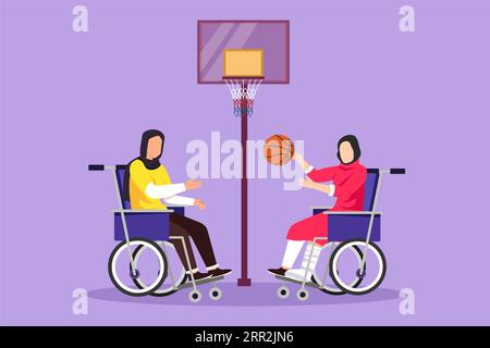 Disegno grafico piatto che disegna gioiosa giovane donna araba disabile in sedia a rotelle che gioca a basket. Sport adattativi per disabili. Responsi sociali Foto Stock