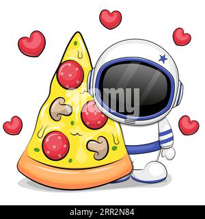 Carino astronauta dei cartoni animati con un grosso pezzo di pizza. Illustrazione vettoriale su sfondo bianco con cuori rossi. Illustrazione Vettoriale
