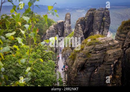 Il famoso ponte Bastei sul Wehlgrund con il Neurathen Rock Castle Foto Stock