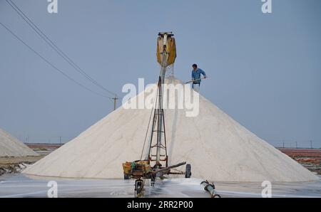 201015 -- TANGSHAN, 15 ottobre 2020 -- Un operaio produce sale in uno stagno di sale nella contea di Luannan, nella provincia di Hebei nella Cina settentrionale, 15 ottobre 2020. CHINA-HEBEI-TANGSHAN-SALT PRODUCTION CN MUXYU PUBLICATIONXNOTXINXCHN Foto Stock