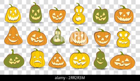 Set di 18 icone vettoriali per lanterna di zucca di Halloween, variazione emotiva. Elementi di design semplici e piatti. Set di immagini horror spettrali della silhouette di Illustrazione Vettoriale