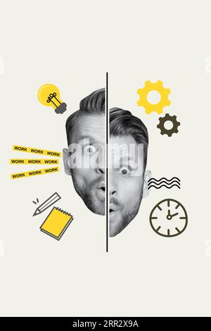 Immagine immagine immagine collage di un personaggio scioccato e strano diviso a metà idea di decisione inaspettata isolata sullo sfondo del disegno Foto Stock