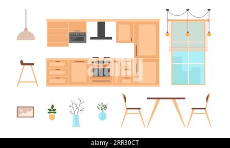 Set interno cucina di mobili e utensili da cucina. Forno e frigorifero. Zona pranzo con finestra. Illustrazione vettoriale piatta in stile cartone animato. Ele isolato Illustrazione Vettoriale