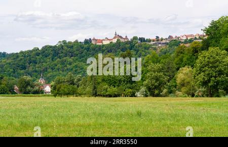 Panorama estivo intorno a Langenburg e Baechlingen nel quartiere Schwaebisch Hall nella Germania meridionale Foto Stock