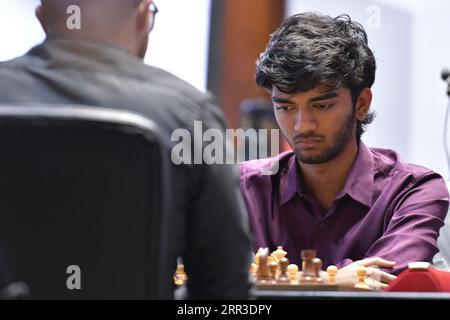 Kolkata, India. 6 settembre 2023. I grandi maestri di scacchi indiani Dommaraju Gukesh hanno giocato alla quinta edizione del torneo Tata Steel Chess India 2023 a Bhasa Bhavan. Credito: SOPA Images Limited/Alamy Live News Foto Stock