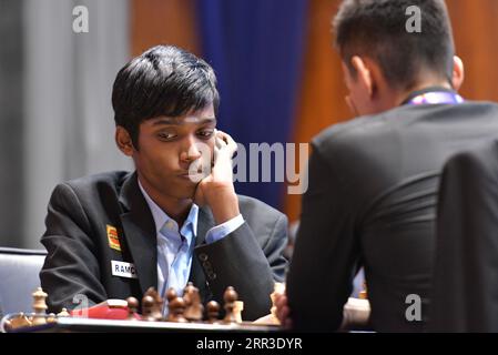 Kolkata, India. 6 settembre 2023. Il giocatore di scacchi indiano internazionale Rameshbabu Praggnanandhaa ha giocato nella quinta edizione del torneo Tata Steel Chess India 2023 a Bhasa Bhavan. Credito: SOPA Images Limited/Alamy Live News Foto Stock