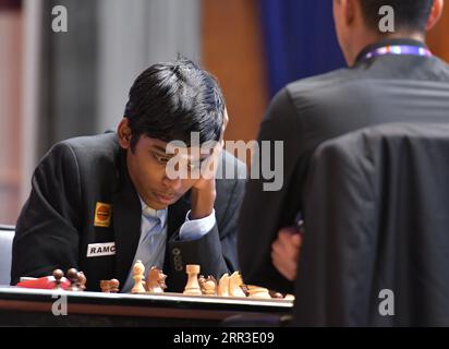 Kolkata, India. 6 settembre 2023. Il giocatore di scacchi indiano internazionale Rameshbabu Praggnanandhaa ha giocato nella quinta edizione del torneo Tata Steel Chess India 2023 a Bhasa Bhavan. Credito: SOPA Images Limited/Alamy Live News Foto Stock