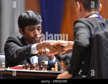 Kolkata, India. 6 settembre 2023. Il giocatore di scacchi indiano internazionale Rameshbabu Praggnanandhaa ha giocato nella quinta edizione del torneo Tata Steel Chess India 2023 a Bhasa Bhavan. (Foto di Dipayan Bose/SOPA Images/Sipa USA) credito: SIPA USA/Alamy Live News Foto Stock