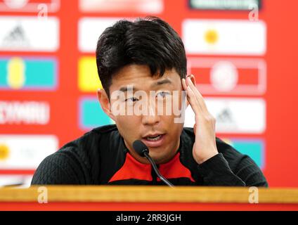 Il figlio della Corea del Sud Heung-min durante una conferenza stampa al Cardiff City Stadium, Cardiff. Data foto: Mercoledì 6 settembre 2023. Foto Stock