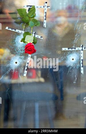 201107 -- PECHINO, 7 novembre 2020 -- Una rosa è stata posta nel foro del proiettile sul luogo dell'attacco terroristico a Vienna, in Austria, 5 novembre 2020. Martedì il governo austriaco ha dichiarato un lutto nazionale di tre giorni dopo un attacco terroristico mortale che ha lasciato almeno quattro persone e un colpevole morti nella capitale lunedì sera. Foto di /Xinhua XINHUA FOTO DEL GIORNO GeorgesxSchneider PUBLICATIONxNOTxINxCHN Foto Stock