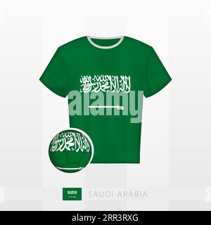 Uniforme da calcio della nazionale dell'Arabia Saudita con palla da calcio con bandiera dell'Arabia Saudita. Maglia da calcio e pallone da calcio con bandiera. Template vettoriale Illustrazione Vettoriale