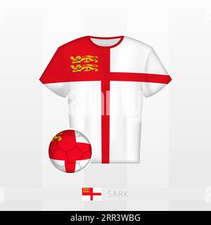 Divisa da calcio della nazionale di Sark con pallone da calcio con bandiera di Sark. Maglia da calcio e pallone da calcio con bandiera. Modello vettoriale. Illustrazione Vettoriale