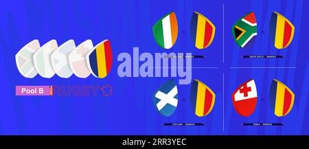 Squadra di rugby della Romania tutte le partite icona nel pool A del torneo internazionale di rugby. Raccolta vettoriale. Illustrazione Vettoriale