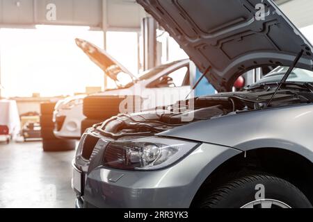 Officina del garage del centro di assistenza auto. Veicolo sollevato sull'ascensore presso la stazione di manutenzione. Riparazione e controllo dell'automobile. Assicurazioni e tecniche per il settore automobilistico Foto Stock