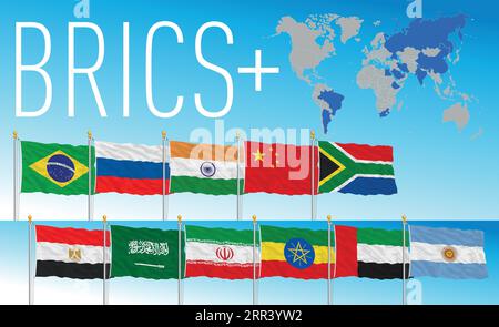 Organizzazione BRICS Plus, sventolando bandiere dei paesi e mappa, anno 2023, illustrazione vettoriale Illustrazione Vettoriale