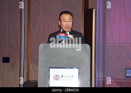 Riyadh, Arabia Saudita. 5 settembre 2023. Liu Jin, presidente della Bank of China (BOC), si rivolge alla cerimonia di inaugurazione della filiale Riyadh della BOC a Riyadh, Arabia Saudita, 5 settembre 2023. Il BOC ha aperto la sua filiale nella capitale dell'Arabia Saudita Riyadh martedì per espandere la sua rete di servizi finanziari nel paese arabo. Crediti: Wang Haizhou/Xinhua/Alamy Live News Foto Stock