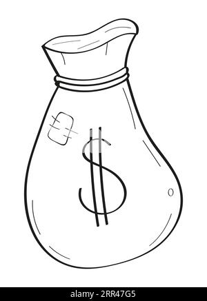 Borsa con soldi in stile doodle. Icone disegnate a mano per gli scarabocchi da ufficio. Icona della crisi finanziaria in linea. Portafoglio senza soldi. Icona portafoglio rotto per Illustrazione Vettoriale