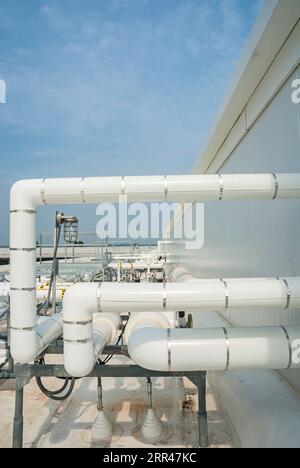 Tubazioni isolate bianche montate sul tetto di un impianto di stoccaggio a freddo, per il trasporto di liquidi e gas nella refrigerazione a ciclo di ammoniaca. Foto Stock