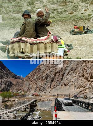 201126 -- PECHINO, 26 novembre 2020 -- TOP: Un abitante di Uygur ondeggia la mano sul modo di trasferirsi a casa su una strada sterrata a Bostan Township, contea di Cele, regione autonoma di Xinjiang Uygur della Cina nord-occidentale, 20 settembre 2008. Foto scattata da Shen Qiao BOTTOM: Un veicolo corre su un ponte strutturato in acciaio, parallelamente a un ponte sospeso precedentemente per i pedoni, nella cittadina di Xihxu della contea di Kargilik, nella regione autonoma di Xinjiang Uygur della Cina nord-occidentale, 2 maggio 2020. La foto scattata da Hu Huhu in un'impresa storica, nella regione autonoma di Uygur dello Xinjiang, nel nord-ovest della Cina, ha proibito l'addio alla povertà assoluta. Foto Stock