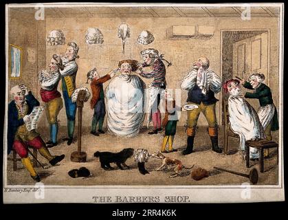 Un barbiere, incisione colorata dopo il caricaturista inglese William Henry Bunbury, 1750 - 1811 Foto Stock