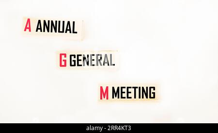 AGM è il simbolo AGM su cubi di legno e su sfondo bianco. Il concetto di impresa e l'assemblea generale annuale degli azionisti. Copia spazio. Foto Stock