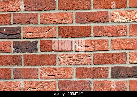 Foto astratta di sfondo di una parete fatta di mattoni arancioni. Struttura in plastica elegante rivolta verso l'edificio. È possibile utilizzare come sfondo di ripetizione. Foto Stock