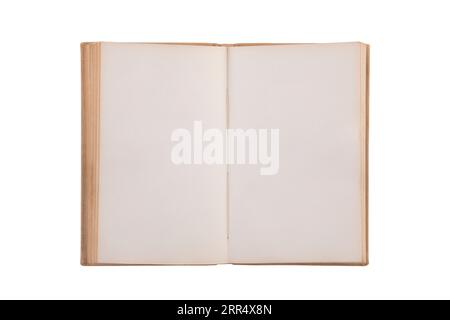 Aprire il vecchio libro con pagine vuote isolate su sfondo bianco con percorso di ritaglio Foto Stock