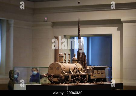 201216 -- PECHINO, 16 dicembre 2020 -- i visitatori guardano una scultura di cioccolato alla mostra Choco loco al Train World Museum di Bruxelles, in Belgio, il 15 dicembre 2020. Il Choco loco è una mostra in cui vengono esposte sculture di cioccolato ispirate a soggetti legati al treno. XINHUA FOTO DEL GIORNO ZhengxHuansong PUBLICATIONxNOTxINxCHN Foto Stock