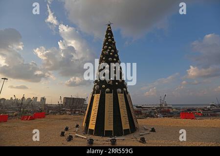 201223 -- BEIRUT, 23 dicembre 2020 -- Un albero di Natale con i nomi di coloro che sono morti durante l'esplosione del porto di Beirut è visto vicino a un silo di grano danneggiato, a Beirut, Libano, il 22 dicembre 2020. Due enormi esplosioni hanno scosso il porto di Beirut il 4 agosto, uccidendo almeno 190 persone e ferendone circa 6.000 altre, oltre a lasciare 300.000 persone senza tetto. Foto di /Xinhua LIBANO-BEIRUT-ALBERO DI NATALE-MEMORIA DELLE VITTIME DI ESPLOSIONE BilalxJawich PUBLICATIONxNOTxINxCHN Foto Stock