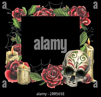 Teschio umano decorato con rose rosse, candele e ragnatele di cocco. Illustrazione ad acquerello disegnata a mano per il giorno dei morti, halloween, dia de los muertos Foto Stock