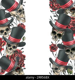 Teschi umani in un cappello con rose rosse e rami. Illustrazione ad acquerello disegnata a mano per Halloween, il giorno dei morti, dia de los muertos. Verticale Foto Stock