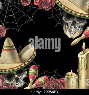 Teschi umani, in un sombrero cappello con maracas, rose rosse, candele e ragnatele. Illustrazione ad acquerello disegnata a mano per Day of the Dead, halloween, dia Foto Stock