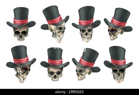 Teschi umani decorati con un cappello nero con un nastro rosso. Illustrazione ad acquerello disegnata a mano per il giorno dei morti, halloween, dia de los muertos Foto Stock