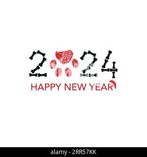 2024 testo con osso doodle e stampa zampa. Buon anno e buon biglietto d'auguri di natale Illustrazione Vettoriale