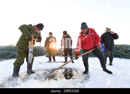 201227 -- FUHAI, 27 dicembre 2020 -- i pescatori scalzzano un buco sul lago Ulunggur congelato nella contea di Fuhai, regione autonoma Xinjiang Uygur della Cina nordoccidentale, 27 dicembre 2020. Ogni anno, i pescatori seguono il tradizionale metodo di pesca invernale mettendo sotto il ghiaccio una rete gigante per pescare sul lago Frozon Ulunggur, uno dei dieci laghi d'acqua dolce più grandi della Cina. CHINA-XINJIANG-FUHAI-ULUNGGUR LAGO-PESCA INVERNALE CN SADAT PUBLICATIONXNOTXINXCHN Foto Stock