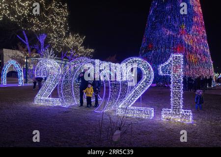 210101 -- PECHINO, 1 gennaio 2021 -- la gente posa per foto con luci festive a Tashkent, Uzbekistan, 31 dicembre 2020. XINHUA FOTO DEL GIORNO CaixGuodong PUBLICATIONxNOTxINxCHN Foto Stock