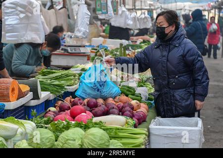 210111 -- CHANGCHUN, 11 gennaio 2021 -- Un cittadino acquista verdure in un mercato agricolo nel distretto di Nanguan a Changchun, provincia di Jilin, Cina nord-orientale, 11 gennaio 2021. L'indice dei prezzi al consumo della Cina, un indicatore principale dell'inflazione, è aumentato del 2,5% su base annua nel 2020, rimanendo entro l'obiettivo annuale del governo di circa il 3,5%. CHINA-ECONOMY-CPI CN ZhangxNan PUBLICATIONxNOTxINxCHN Foto Stock