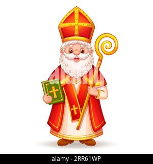 Grazioso San Nicola, carattere Sinterklaas, felice giorno di vacanza invernale a San Nicola. Natale religione cristiana Babbo Natale regala i bambini. Vettore Illustrazione Vettoriale