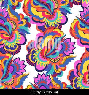 Motivo psichedelico brillante e senza cuciture con elementi colorati astratti. Illustrazione Vettoriale