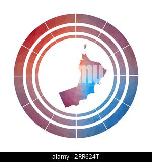 Distintivo dell'Oman. Logo del paese in tonalità lucida in stile poly basso. Insegna arrotondata Oman multicolore con mappa in stile geometrico per le tue infografiche. Illustrazione Vettoriale