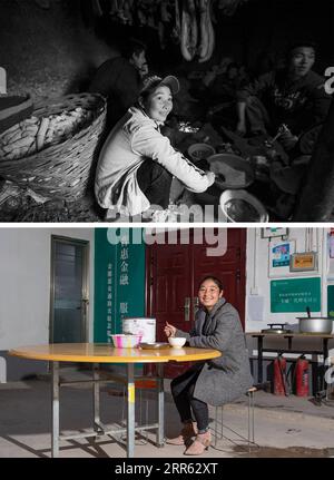 210123 -- BUTUO, 23 gennaio 2021 -- TOP: ADA Meyouzha e i suoi familiari si siedono a terra mentre pranzano nel villaggio di Abuluoha, contea di Butuo, provincia del Sichuan della Cina sud-occidentale, 1 dicembre 2016. IN BASSO: ADA Meyouza L, 23 anni, cena nella sua nuova casa nel villaggio di Abuluoha il 25 dicembre 2020. Abuluoha, un villaggio circondato da montagne e scogliere, si trova in una valle fluviale a circa 60 chilometri dalla contea di Butuo, nella provincia del Sichuan nella Cina sud-occidentale. Come indica il suo nome nella lingua nativa Yi, il villaggio era un tempo un luogo fuori dai sentieri battuti, servendo come un centro di trattamento isolato per i locali Foto Stock