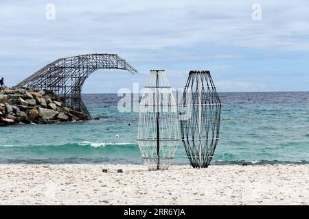 210305 -- PERTH, 5 marzo 2021 -- foto scattata il 5 marzo 2021 mostra sculture a Cottesloe Beach, Perth, Australia. Scultura sul mare, la 17a mostra annuale di Cottesloe è in scena sulla splendida spiaggia di Cottesloe, dal 5 al 22 marzo. Foto di /Xinhua AUSTRALIA-PERTH-BEACH-SCULTURA MOSTRA ZhouxDan PUBLICATIONxNOTxINxCHN Foto Stock