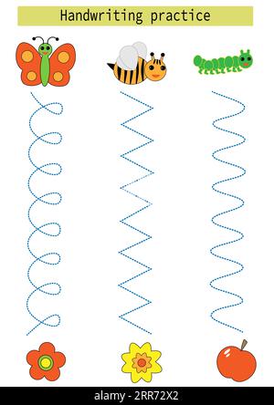 Linee di tracciamento per bambini insetti api farfalla sviluppo pratica di scrittura a mano caterpillar per bambini vettori Illustrazione Vettoriale