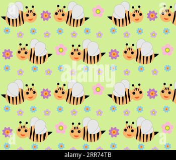 Fantasia senza cuciture di api e fiori carino cartone animato Vector Illustrazione Vettoriale