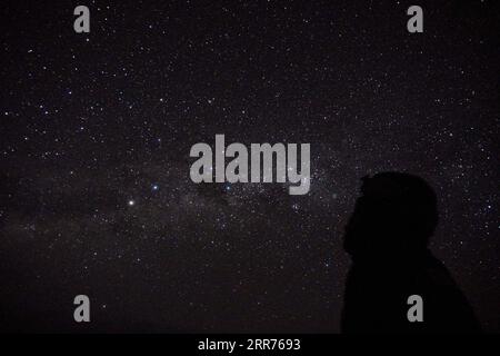 210315 -- BALI, 15 marzo 2021 -- foto scattata il 15 marzo 2021 mostra un uomo in piedi nella notte stellata durante il giorno di Nyepi, o il giorno del silenzio, a Denpasar, Bali, Indonesia. Nyepi segna il capodanno del calendario balinese Saka in Indonesia. In questa festività pubblica, la gente del posto si dedica al digiuno e alla meditazione, astenendosi da pratiche come l'accensione di fuochi, il lavoro, i viaggi e l'intrattenimento. Foto di /Xinhua INDONESIA-BALI-NYEPI GIORNO-NOTTE STELLATA Bisinglasi PUBLICATIONxNOTxINxCHN Foto Stock