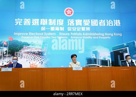 210331 -- HONG KONG, 31 marzo 2021 -- Carrie Lam C, amministratore delegato della regione amministrativa speciale di Hong Kong HKSAR, parla alla stampa nel sud della Cina di Hong Kong, 30 marzo 2021. Xinhua titoli: Il nuovo sistema elettorale di Hong Kong: What's Next WangxShen PUBLICATIONxNOTxINxCHN Foto Stock