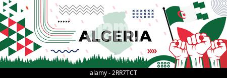 Banner della giornata nazionale ALGERINA con mappa, colori bandiera sfondo a tema e geometrico astratto retro moderno design rosso-verde. design moderno astratto. Illustrazione Vettoriale
