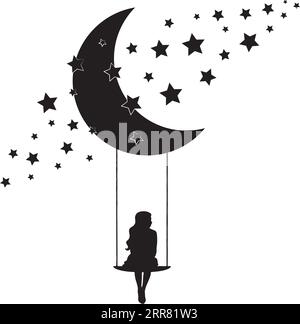 Ragazza su un'altalena sulla luna, vettore. Silhouette da ragazza sulla luna con le stelle. Decalcomanie murali isolate su sfondo bianco, design artistico, opere d'arte. Illustrazione Vettoriale